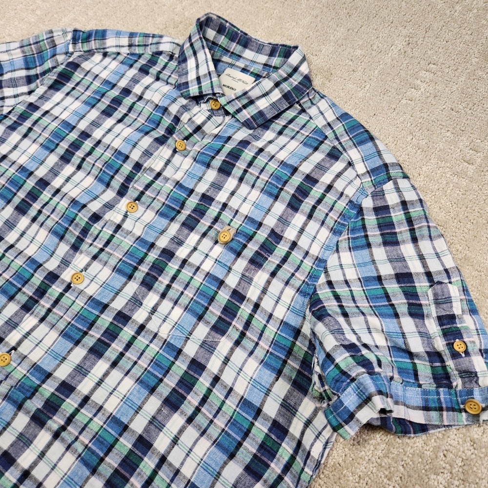 Baird McNutt Linen Shirt Men Medium Murano Blue‎ Plaid Short Sleeve Button Up